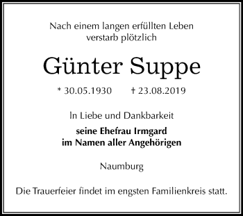 Traueranzeige von Günter Suppe von Wochenspiegel Naumburg/Nebra