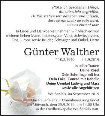 Traueranzeige von Günter Walther von Wochenspiegel Weißenfels