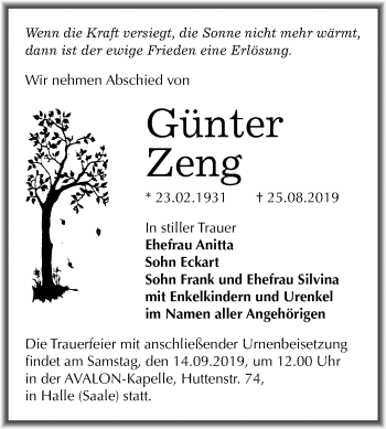 Traueranzeige von Günter Zeng von Mitteldeutsche Zeitung Halle/Saalkreis