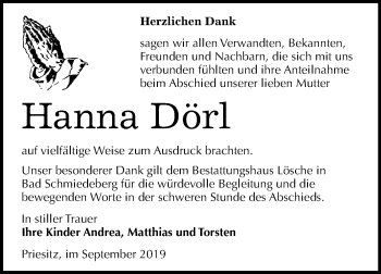 Traueranzeige von Hanna Dörl von Mitteldeutsche Zeitung Wittenberg