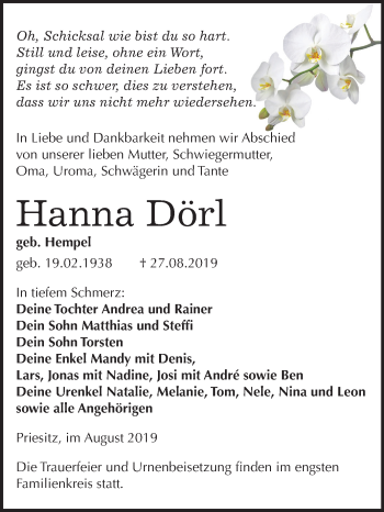 Traueranzeige von Hanna Dörl von Super Sonntag Wittenberg