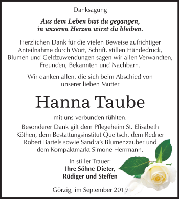 Traueranzeige von Hanna Taube von Mitteldeutsche Zeitung Köthen