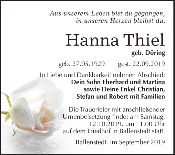 Traueranzeige von Hanna Thiel von Mitteldeutsche Zeitung Quedlinburg