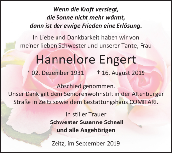 Traueranzeige von Hannelore Engert von Super Sonntag Zeitz