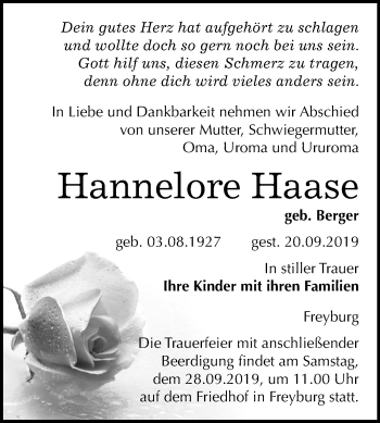 Traueranzeige von Hannelore Haase von Wochenspiegel Naumburg/Nebra