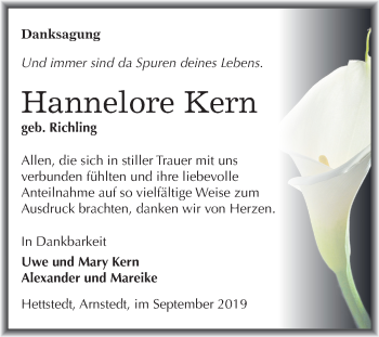Traueranzeige von Hannelore Kern von Mitteldeutsche Zeitung Mansfelder Land