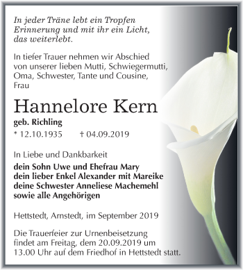Traueranzeige von Hannelore Kern von Mitteldeutsche Zeitung Mansfelder Land