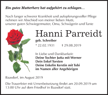 Traueranzeige von Hanni Parreidt von Super Sonntag Köthen