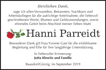 Traueranzeige von Hanni Parreidt von Mitteldeutsche Zeitung Köthen