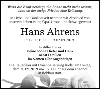 Traueranzeige von Hans Ahrens von Wochenspiegel Bitterfeld