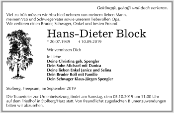 Traueranzeige von Hans-Dieter Block von Mitteldeutsche Zeitung Mansfelder Land