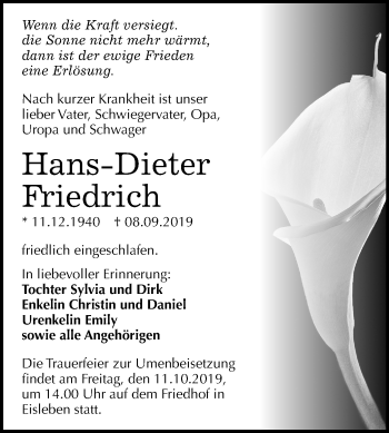 Traueranzeige von Hans-Dieter Friedrich von Mitteldeutsche Zeitung Mansfelder Land