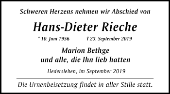 Traueranzeige von Hans-Dieter Rieche von Mitteldeutsche Zeitung Quedlinburg