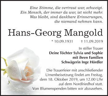 Traueranzeige von Hans-Georg Mangold von Mitteldeutsche Zeitung Halle/Saalkreis