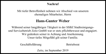Traueranzeige von Hans-Gunter Weber von Super Sonntag Zeitz