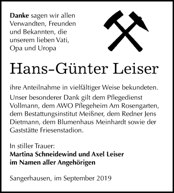 Traueranzeige von Hans-Günter Leiser von Super Sonntag Sangerhausen