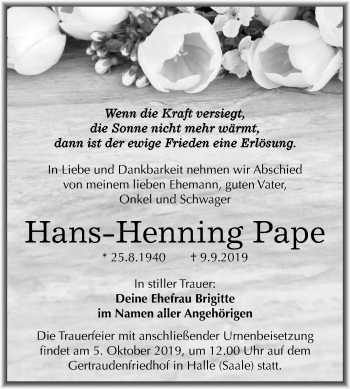 Traueranzeige von Hans-Henning Pape von Mitteldeutsche Zeitung Halle/Saalkreis