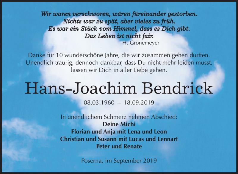  Traueranzeige für Hans-Joachim Bendrick vom 21.09.2019 aus Mitteldeutsche Zeitung Weißenfels