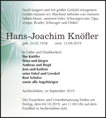 Traueranzeige von Hans-Joachim Knöfler von Wochenspiegel Aschersleben