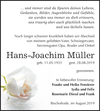 Traueranzeige von Hans-Joachim Müller von Mitteldeutsche Zeitung Mansfelder Land