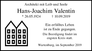 Traueranzeige von Hans-Joachim Valentin von Super Sonntag Wittenberg