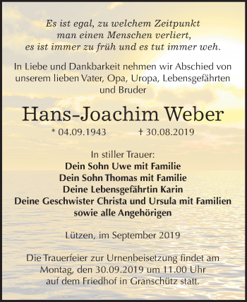 Traueranzeige von Hans-Joachim Weber von Wochenspiegel Weißenfels