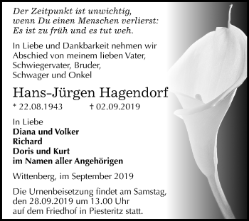 Traueranzeige von Hans-Jürgen Hagendorf von Mitteldeutsche Zeitung Wittenberg