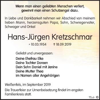 Traueranzeige von Hans-Jürgen Kretzschmar von Mitteldeutsche Zeitung Weißenfels