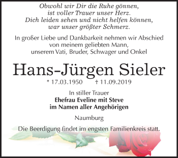 Traueranzeige von Hans-Jürgen Sieler von Wochenspiegel Naumburg/Nebra