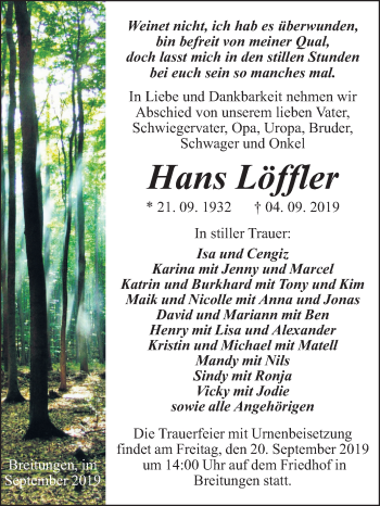 Traueranzeige von Hans Löffler von Super Sonntag Sangerhausen