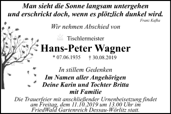 Traueranzeige von Hans-Peter Wagner von Super Sonntag Dessau-Roßlau