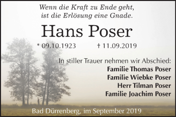 Traueranzeige von Hans Poser von Mitteldeutsche Zeitung Merseburg/Querfurt