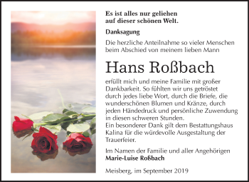 Traueranzeige von Hans Roßbach von Super Sonntag Mansfelder Land
