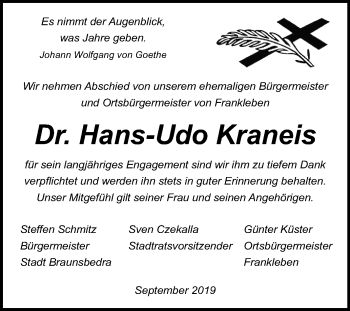 Traueranzeige von Hans-Udo Kraneis von Mitteldeutsche Zeitung Merseburg/Querfurt