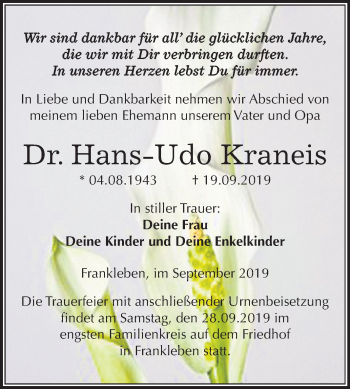 Traueranzeige von Hans-Udo Kraneis von Wochenspiegel Merseburg/Querfurt