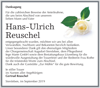 Traueranzeige von Hans-Ulrich Reuschel von Super Sonntag Mansfelder Land