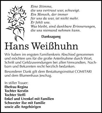 Traueranzeige von Hans Weißhuhn von Mitteldeutsche Zeitung Weißenfels