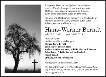 Traueranzeige von Hans-Werner Berndt von Wochenspiegel Quedlinburg