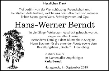 Traueranzeige von Hans-Werner Berndt von Super Sonntag Quedlinburg