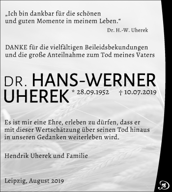 Traueranzeige von Hans-Werner Uherek von Super Sonntag Weißenfels
