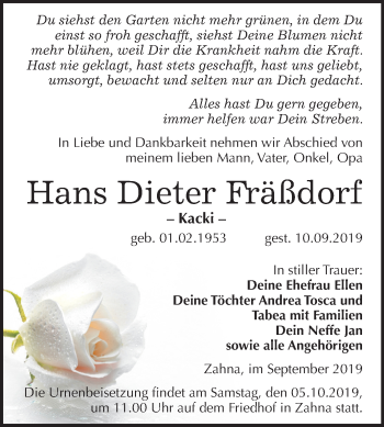 Traueranzeige von Hans Dieter Fräßdorf von Super Sonntag Wittenberg