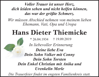 Traueranzeige von Hans Dieter Thiemicke von Mitteldeutsche Zeitung Dessau-Roßlau