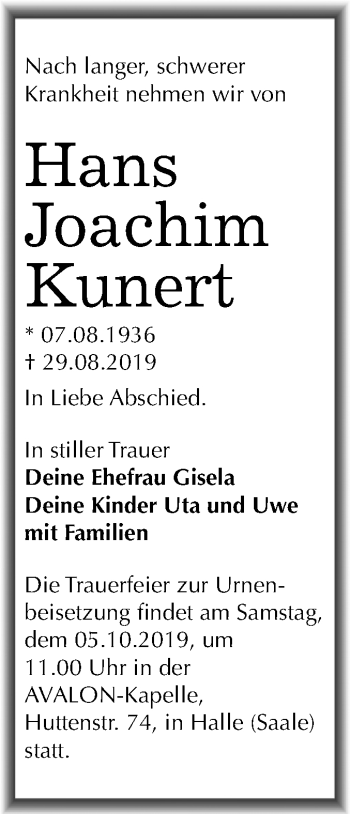 Traueranzeige von Hans Joachim Kunert von Mitteldeutsche Zeitung Halle/Saalkreis