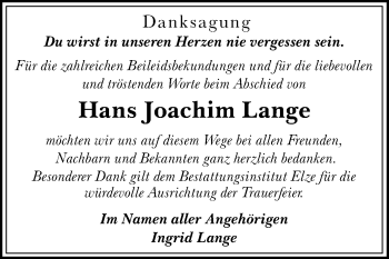 Traueranzeige von Hans Joachim Lange von Mitteldeutsche Zeitung Dessau-Roßlau