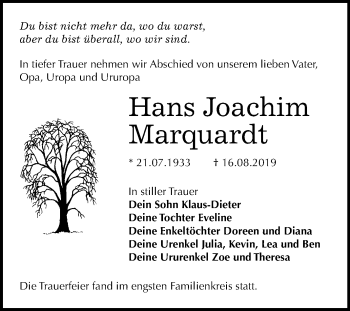 Traueranzeige von Hans Joachim Marquardt von Wochenspiegel Mansfelder Land
