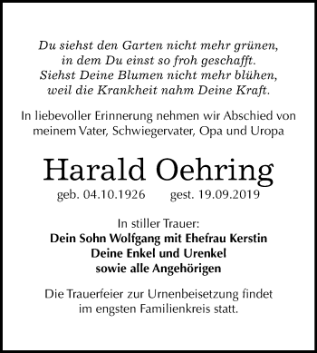 Traueranzeige von Harald Oehring von Super Sonntag Mansfelder Land
