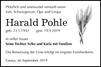Traueranzeige von Harald Pohle von Mitteldeutsche Zeitung Merseburg/Querfurt