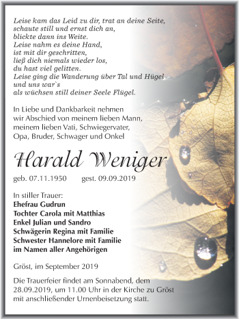 Traueranzeige von Harald Weniger von Mitteldeutsche Zeitung Merseburg/Querfurt