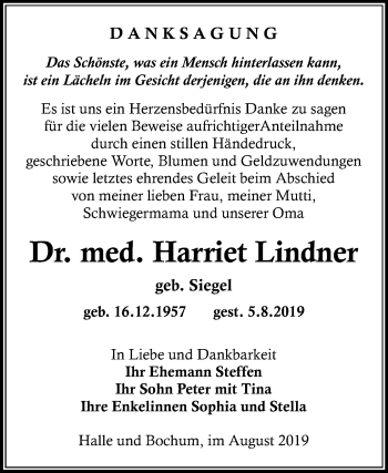 Traueranzeige von Harriet Lindner von Mitteldeutsche Zeitung Halle/Saalkreis