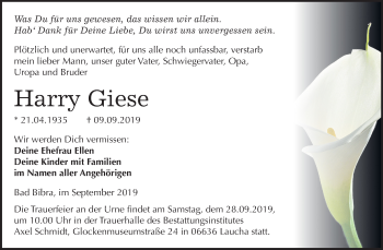 Traueranzeige von Harry Giese von Mitteldeutsche Zeitung Naumburg/Nebra